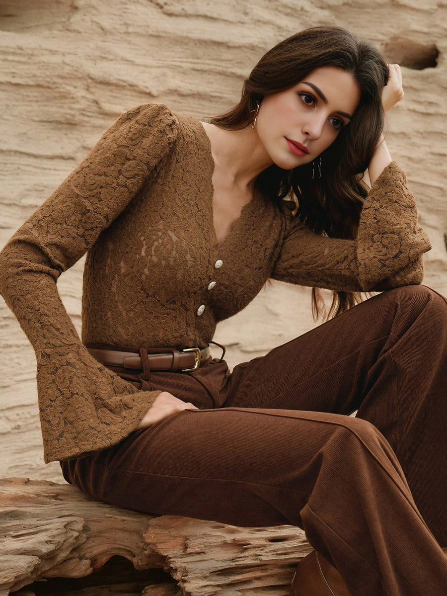 Isabella Sexy Hollow V-Neck Flare Sleeve Elegant Blouse