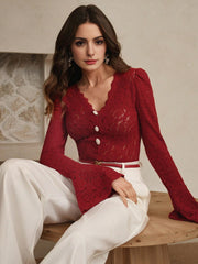 Isabella Sexy Hollow V-Neck Flare Sleeve Elegant Blouse