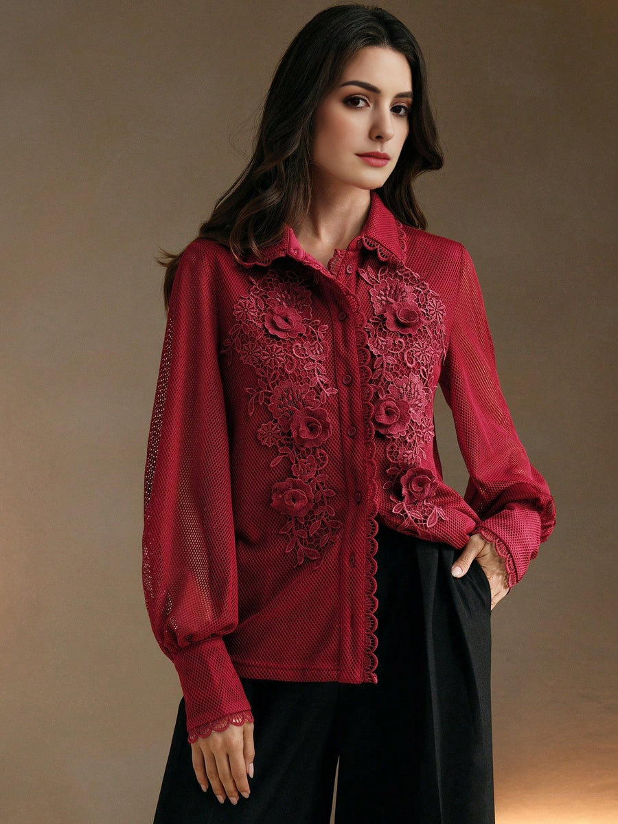 Isabella Elegant Ruffled Lace 3D Floral Blouse