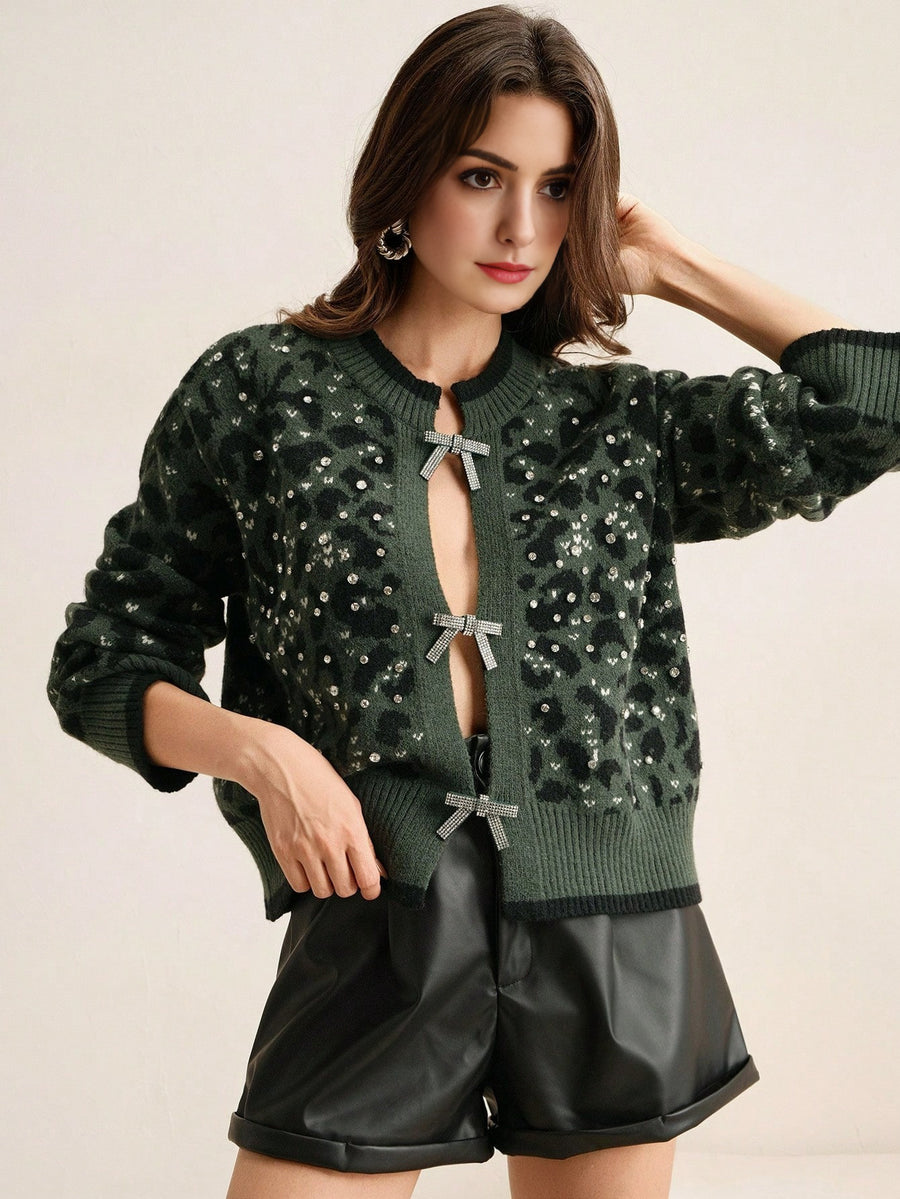 Isabella Stylish Bow Knot Rhinestone Vintage Leopard Knit Cardigan