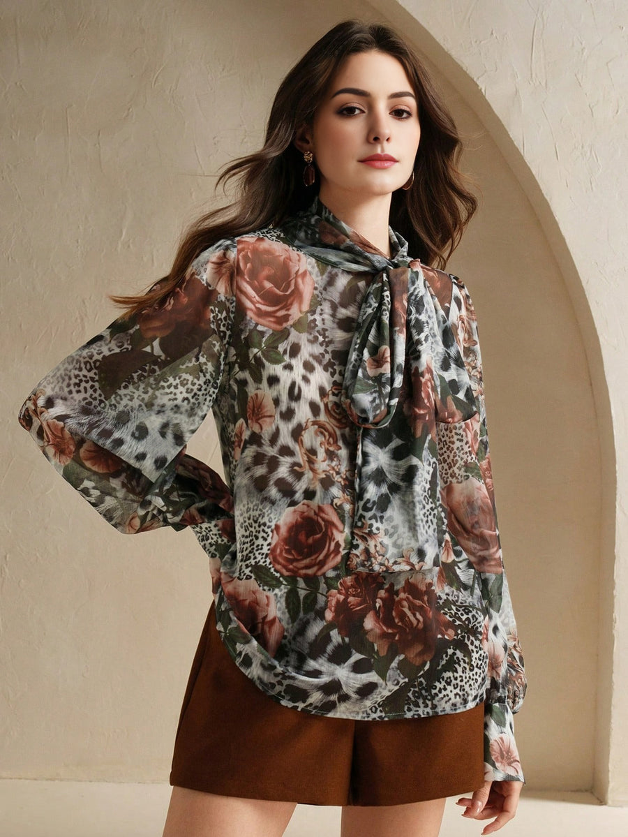 Isabella Women's Floral & Leopard Print Bow Collar Blouse