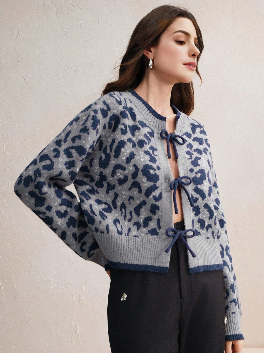 Isabella Leopard Print Lace-Up Elegant Knit Cardigan
