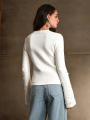 Isabella Pearl Embellished Flared Sleeve Knit Elegant Sweater