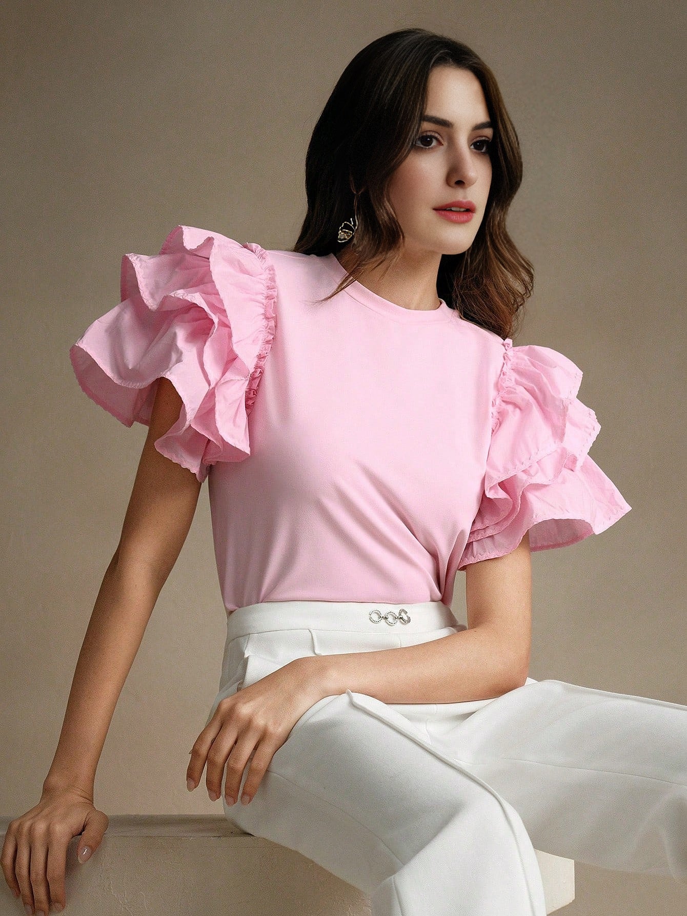 Isabella Round Neck Puff Sleeve Ruffle Hem Splice Short Sleeve Casual Holiday T-Shirt