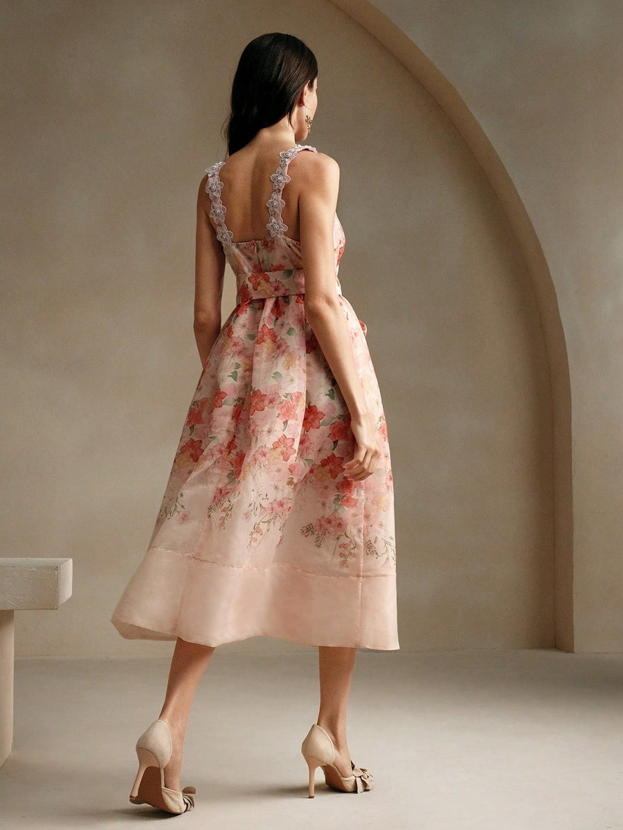 Isabella – Strand-/Urlaubskleid mit Organza-Blumenmuster und Spaghettiträgern