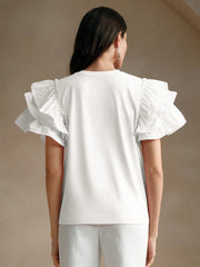 Isabella Round Neck Puff Sleeve Ruffle Hem Splice Short Sleeve Casual Holiday T-Shirt