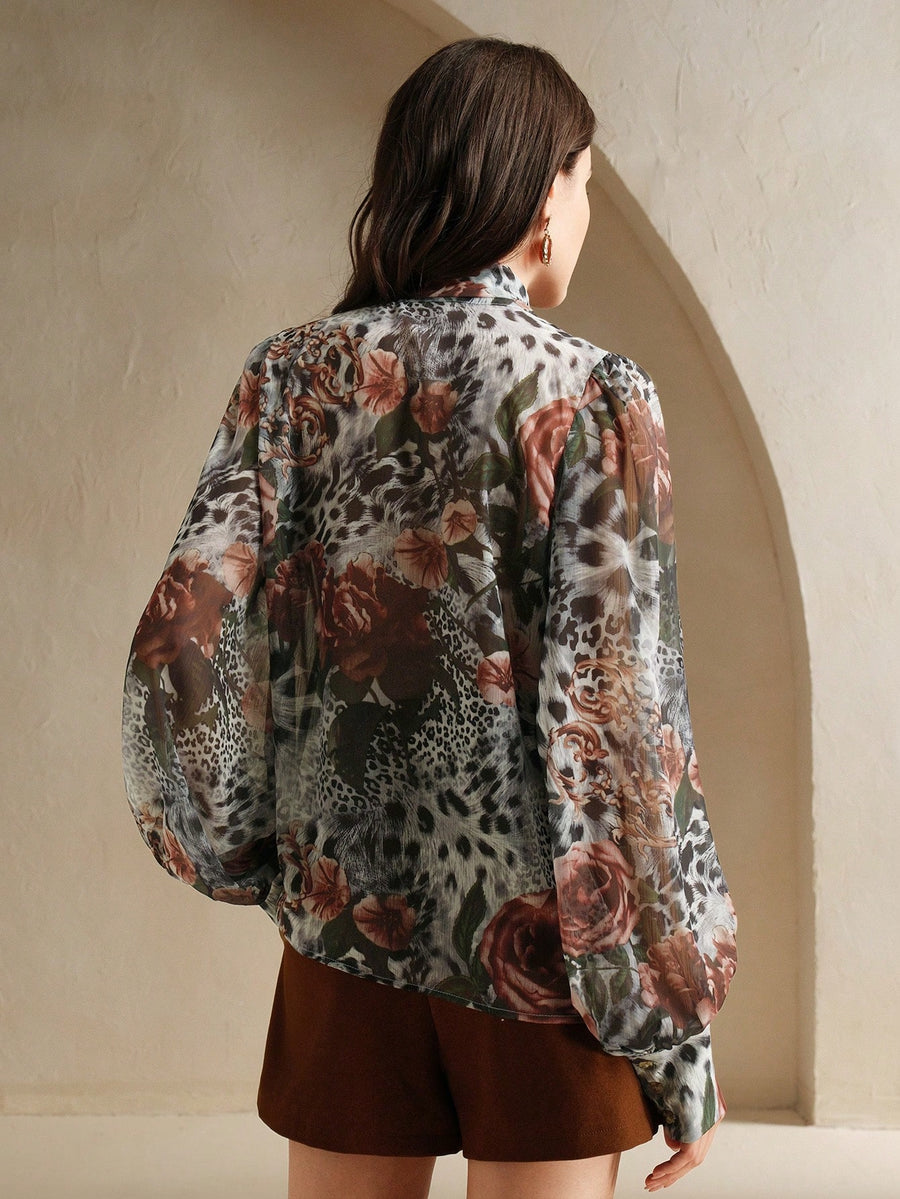 Isabella Women's Floral & Leopard Print Bow Collar Blouse