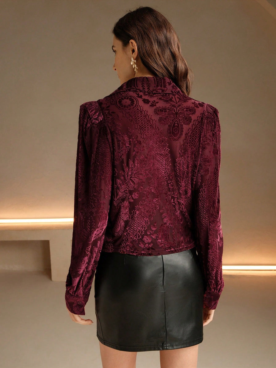 Isabella Velvet Floral Embroidered Elegant Long Sleeve Shirt