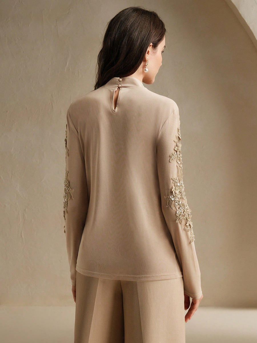 Isabella Sheer Rhinestone Decor Turtleneck Women Top
