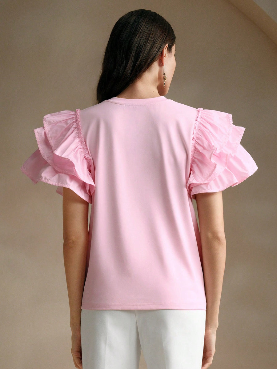 Isabella Round Neck Puff Sleeve Ruffle Hem Splice Short Sleeve Casual Holiday T-Shirt