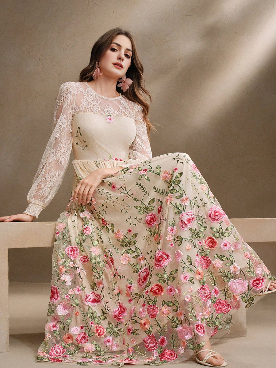 Robe de vacances élégante en dentelle brodée florale transparente Isabella