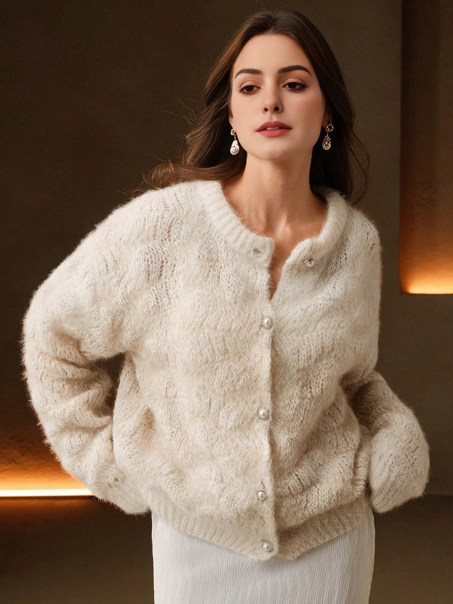 Isabella Pearl Button Loose Romantic Texture Knitted Cardigan