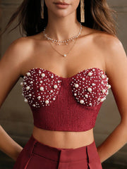 Isabella Women's Red Luxury Faux Pearl Decor Bandeau Camisole Top