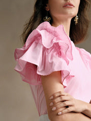 Isabella Round Neck Puff Sleeve Ruffle Hem Splice Short Sleeve Casual Holiday T-Shirt