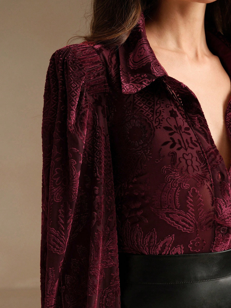 Isabella Velvet Floral Embroidered Elegant Long Sleeve Shirt