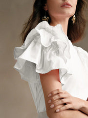 Isabella Round Neck Puff Sleeve Ruffle Hem Splice Short Sleeve Casual Holiday T-Shirt