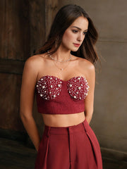 Isabella Women's Red Luxury Faux Pearl Decor Bandeau Camisole Top