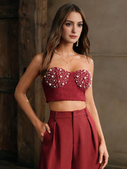 Isabella Women's Red Luxury Faux Pearl Decor Bandeau Camisole Top