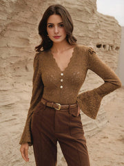 Isabella Sexy Hollow V-Neck Flare Sleeve Elegant Blouse