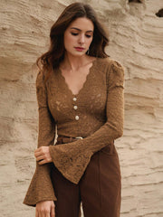 Isabella Sexy Hollow V-Neck Flare Sleeve Elegant Blouse