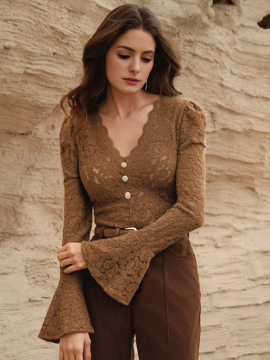 Isabella Sexy Hollow V-Neck Flare Sleeve Elegant Blouse