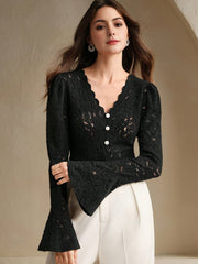 Isabella Sexy Hollow V-Neck Flare Sleeve Elegant Blouse