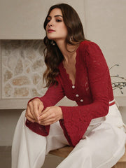 Isabella Sexy Hollow V-Neck Flare Sleeve Elegant Blouse