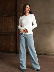 Isabella Pearl Embellished Flared Sleeve Knit Elegant Sweater