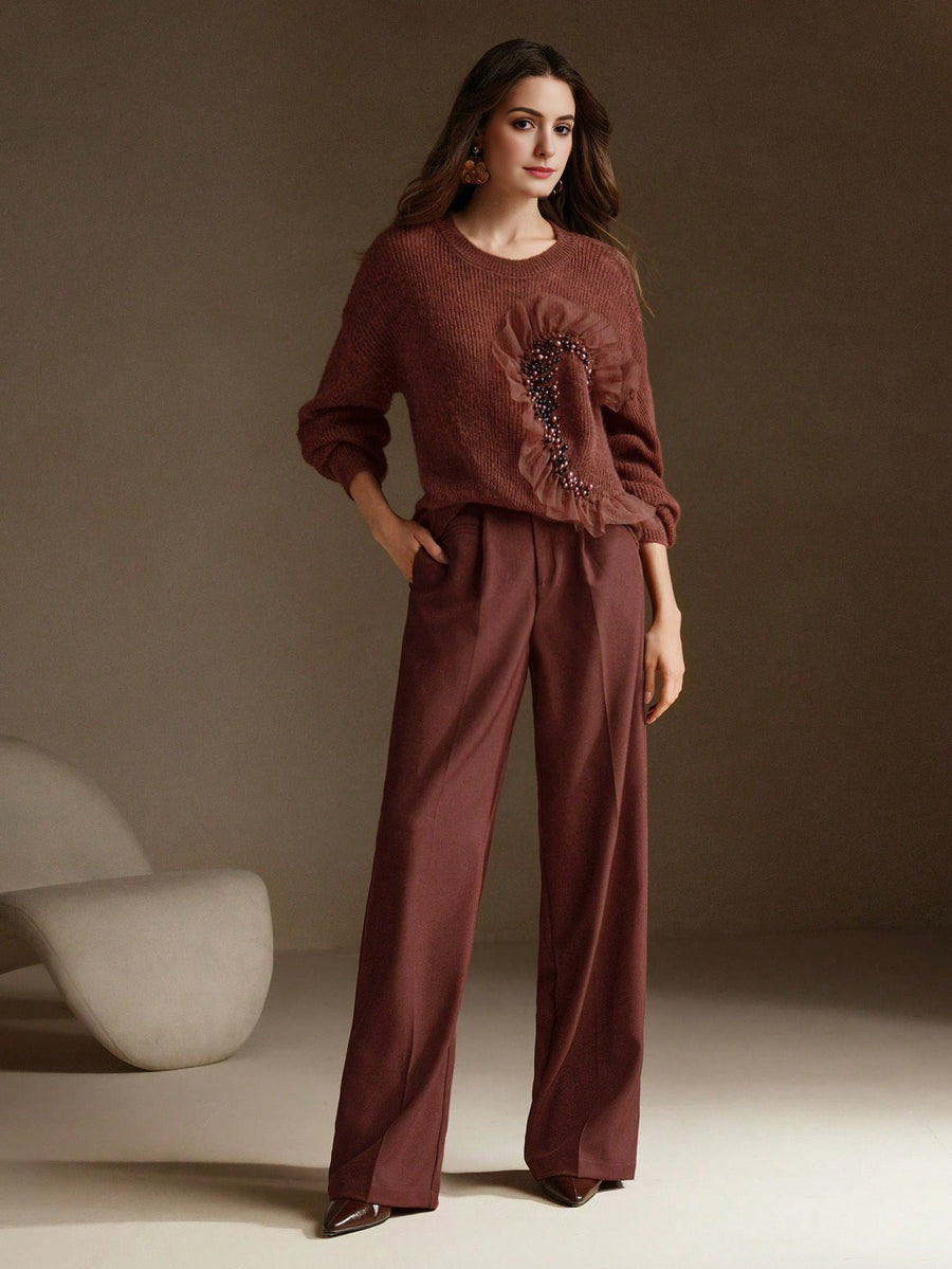 Isabella Net Mesh & Pearl Splice Premium Crew Neck Pullover Sweater