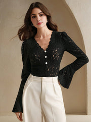 Isabella Sexy Hollow V-Neck Flare Sleeve Elegant Blouse