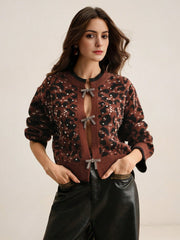 Isabella Stylish Bow Knot Rhinestone Vintage Leopard Knit Cardigan